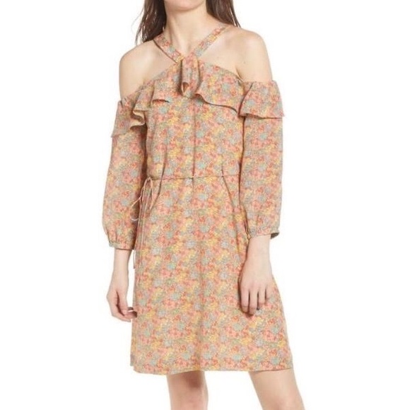 Madewell Forsythia Prairie Blossom Cold Shoulder Silk Dress - Picture 2 of 9